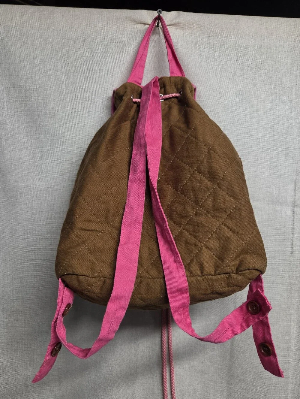 Kids Brown Quilted Backpack with Pink Accents and Owl Appliqué